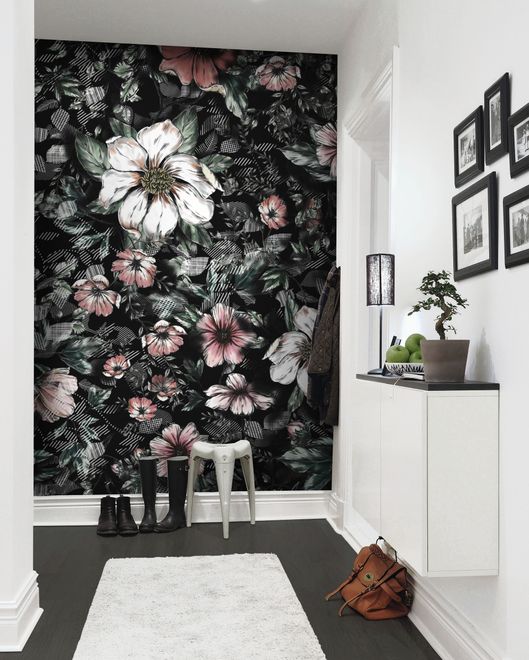 Dark Floral with White Daisy Wallpaper Mural