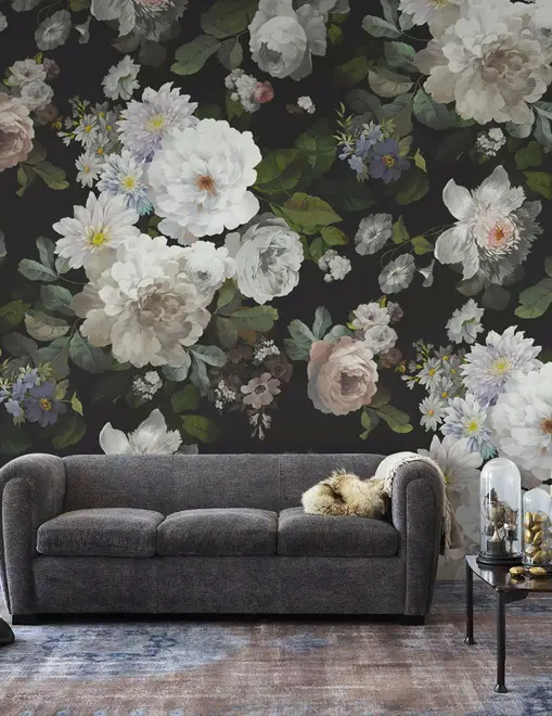 Dark Floral and White Peony Blossoms Wallpaper Mural