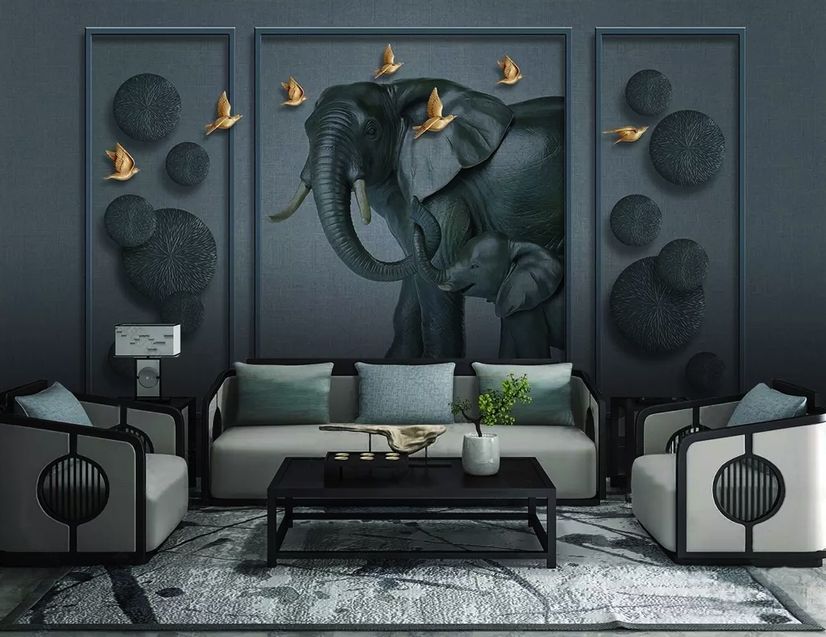 3D Embossed Look Dark Elephant and Birds Wallpaper Mural