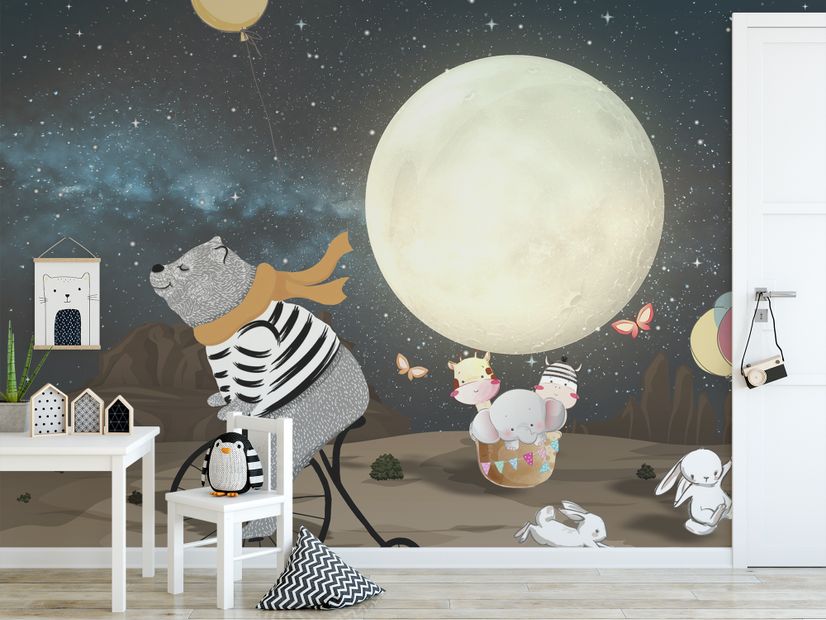 Cartoon Bear and Cute Rabbit with Moon Wallpaper Mural