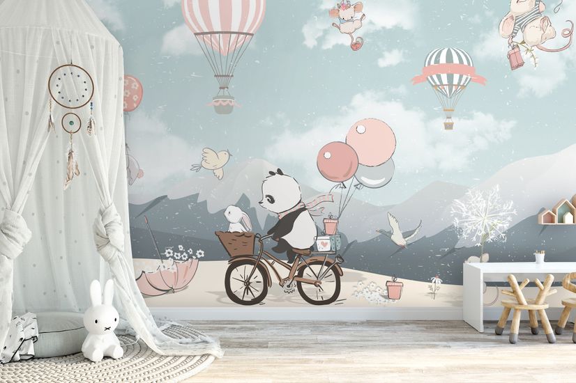 Kids Cute Panda Bicycle with Hot Air Balloon Wallpaper Mural