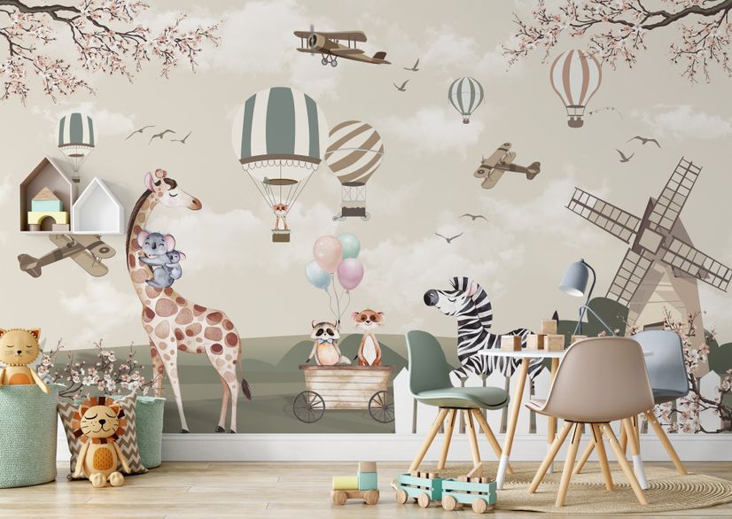 Kids Woodland Animals with Vintage Aircraft and Windmill Wallpaper Mural