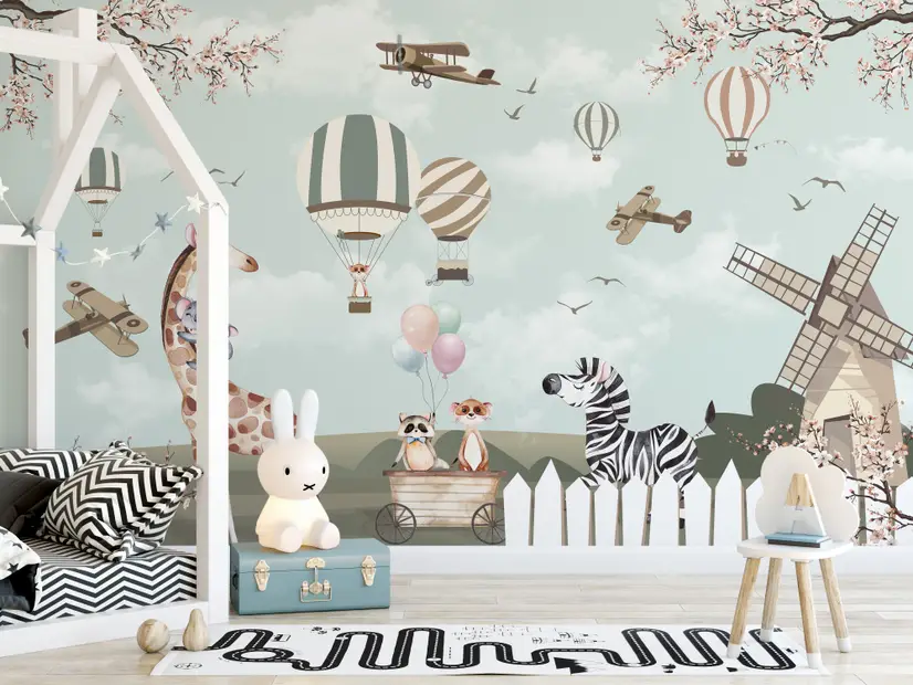 Kids Woodland Animals with Vintage Aircraft and Windmill Wallpaper Mural Kids Woodland Animals with Vintage Aircraft and Windmill Wallpaper Mural