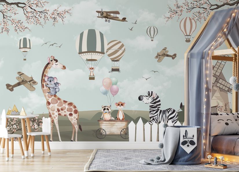 Kids Woodland Animals with Vintage Aircraft and Windmill Wallpaper Mural