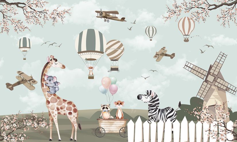 Kids Woodland Animals with Vintage Aircraft and Windmill Wallpaper Mural