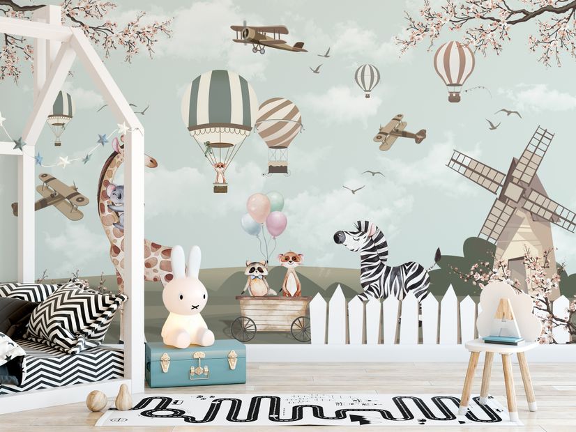 Kids Woodland Animals with Vintage Aircraft and Windmill Wallpaper Mural