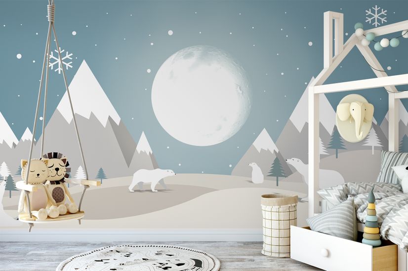 Kids Mountainscape with Fullmoon and White Bears Wallpaper Mural
