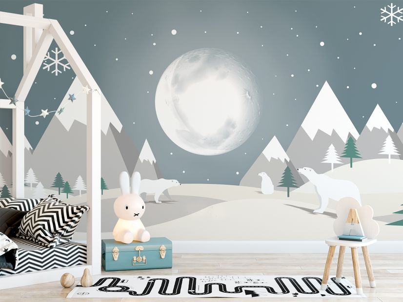 Kids Mountainscape with Cute Bear and Gray Skyscape Wallpaper Mural