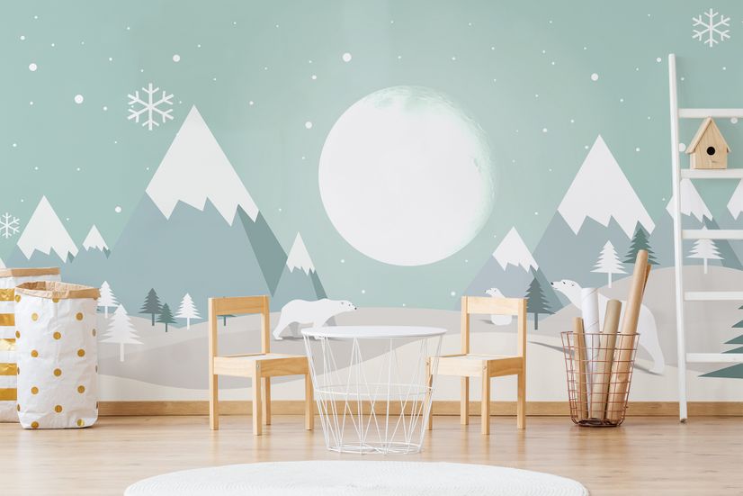 Kids Mountainscape with Cute Bear and Green Skyscape Wallpaper Mural