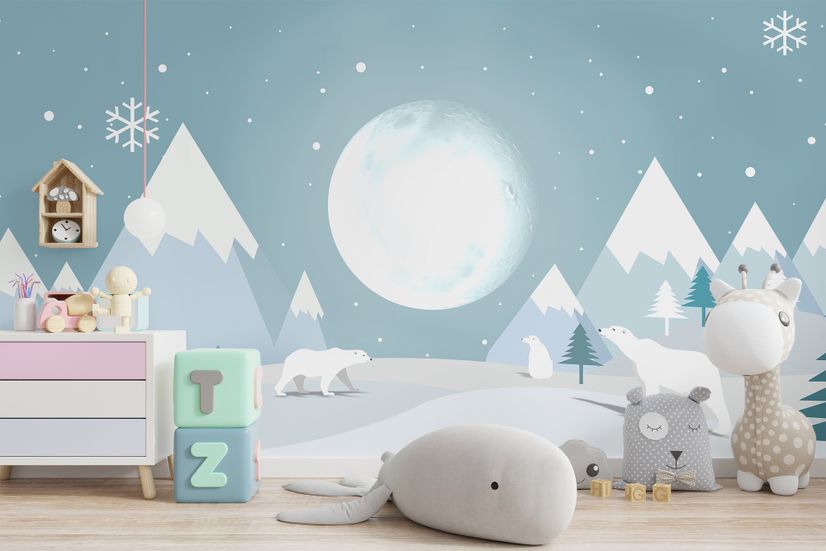 Kids Mountainscape with Bears and Blue Skyscape Wallpaper Mural