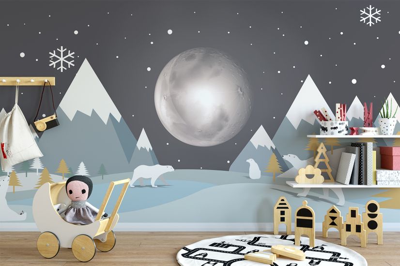 Kids Mountainscape with Cute Bears and Nightscape Wallpaper Mural