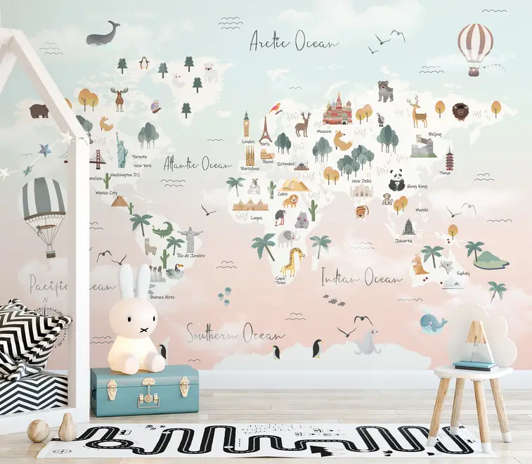 Kids Pink World Map with Cute Animals and Little Balloons Wallpaper Mural