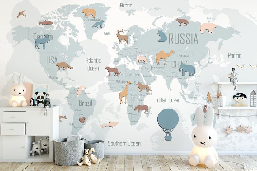 Kids Blue Political World Map with Colorful Animal Silhouette Wallpaper Mural