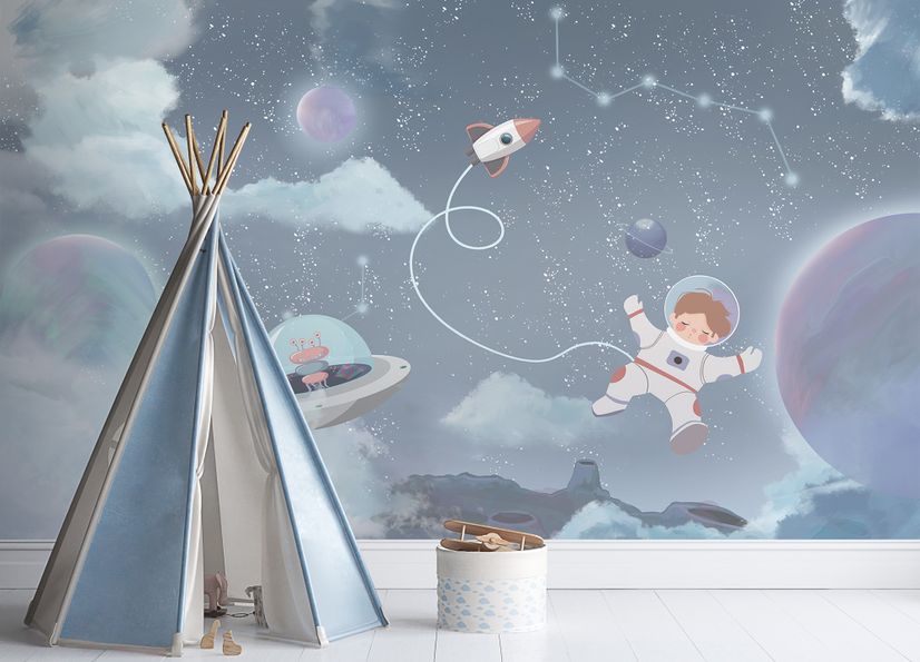 Soft Shining Planets and Astronaut for Boys Space Wallpaper Mural