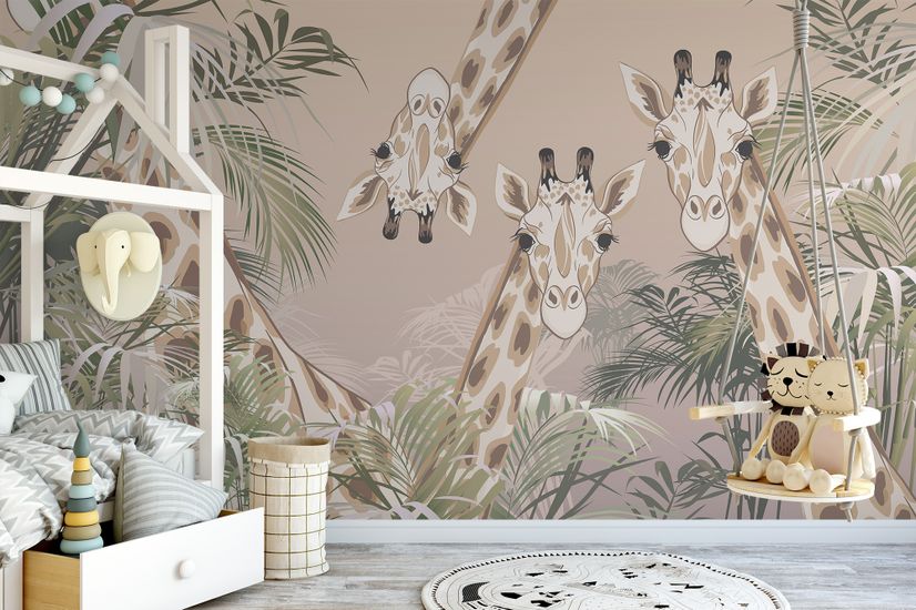 Cute Giraffes Between Tropical Leaves Wallpaper Mural