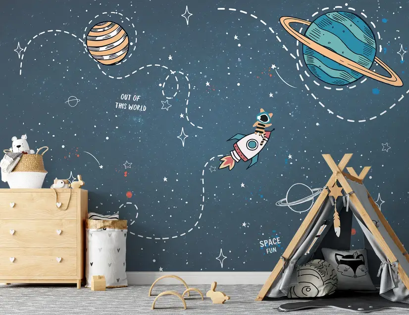 Kids Shining Cartoon Space with White Stripe Wallpaper Mural