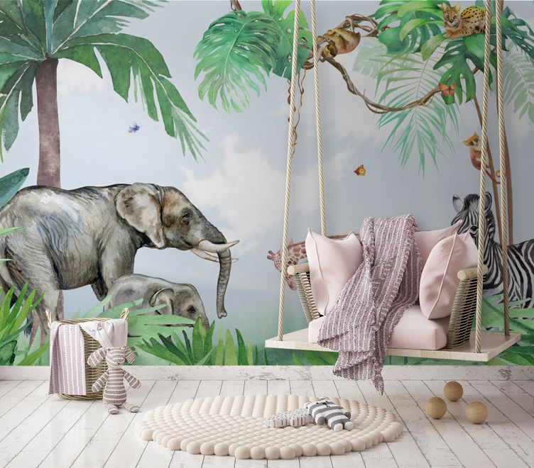 Kids Tropical Forest with Cute Safari Animals Wallpaper Mural