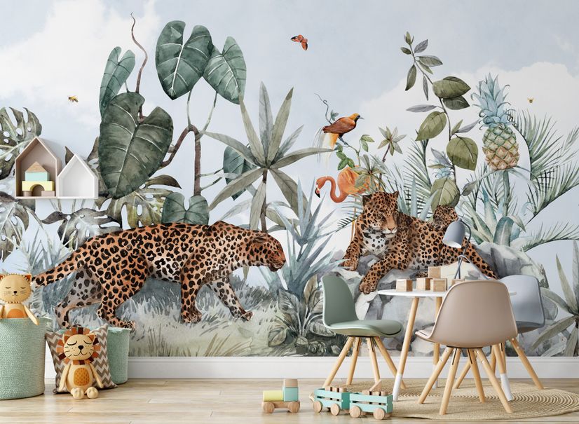 Kids Watercolor Forest with Leopard Wild Animals Wallpaper Mural Kids Watercolor Forest with Leopard Wild Animals Wallpaper Mural