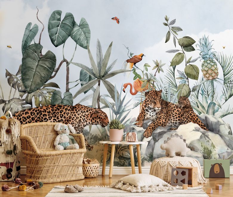 Kids Watercolor Forest with Leopard Wild Animals Wallpaper Mural
