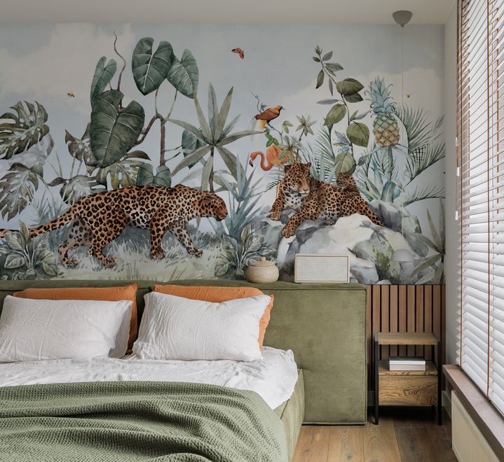 Kids Watercolor Forest with Leopard Wild Animals Wallpaper Mural