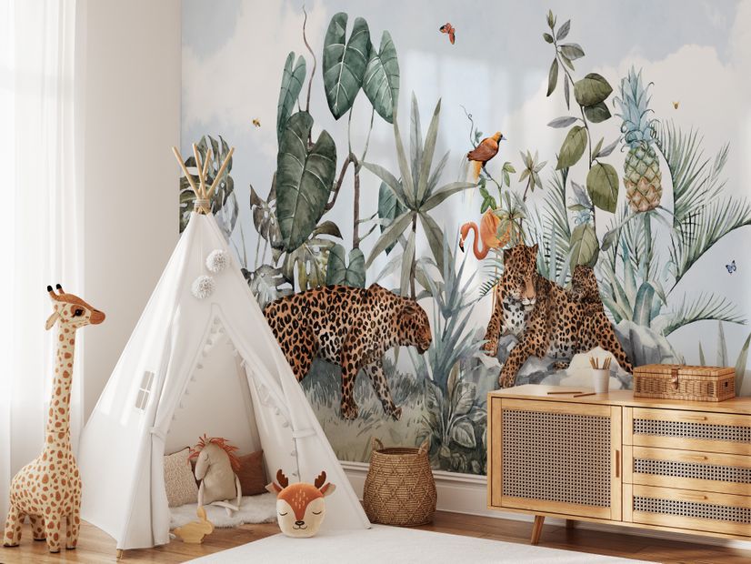 Kids Watercolor Forest with Leopard Wild Animals Wallpaper Mural