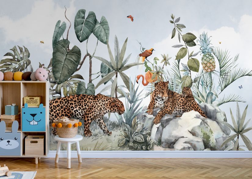 Kids Watercolor Forest with Leopard Wild Animals Wallpaper Mural