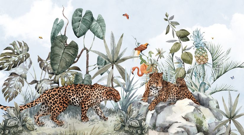 Kids Watercolor Forest with Leopard Wild Animals Wallpaper Mural