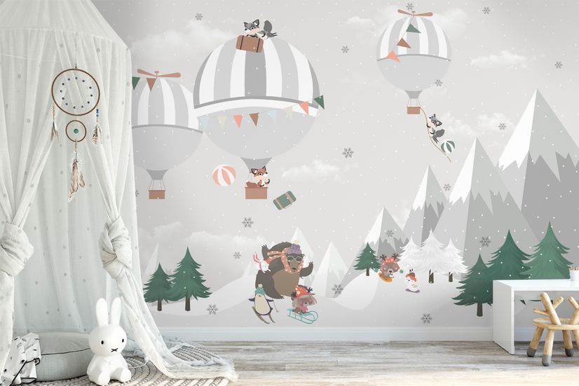 Cute Animals Playing Skate on the Snowy Mountain with Hot Air Balloon Wallpaper Mural