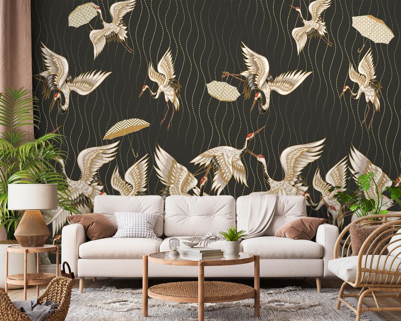 Gold Style Vintage Asian Crane Birds Wallpaper Mural