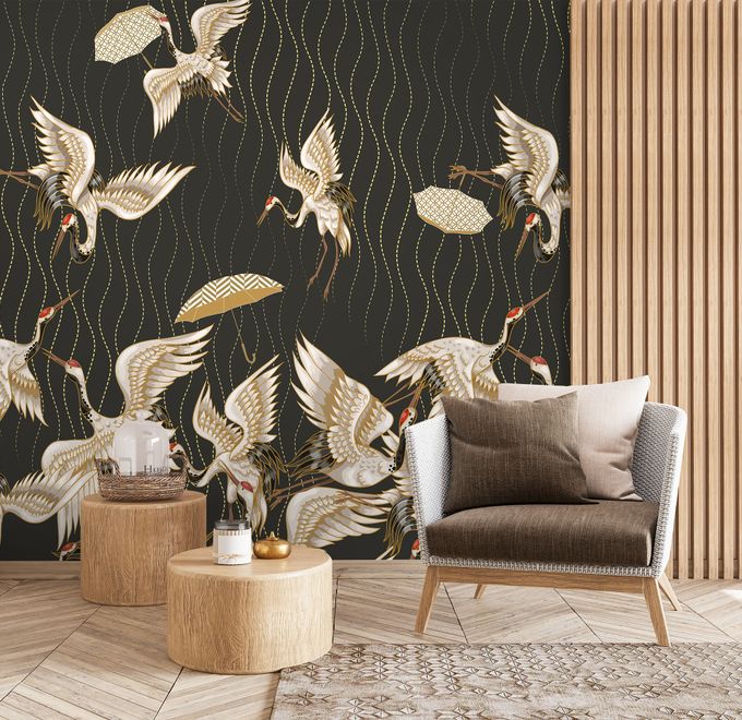 Gold Style Vintage Asian Crane Birds Wallpaper Mural