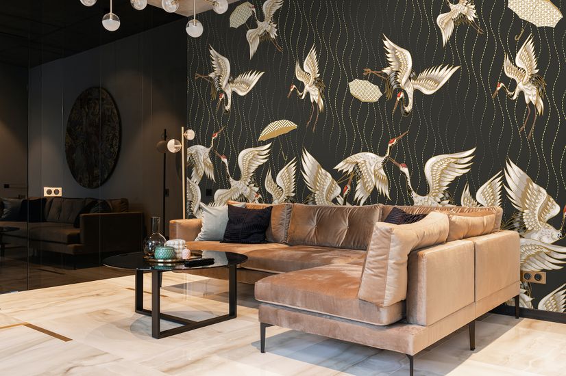 Gold Style Vintage Asian Crane Birds Wallpaper Mural