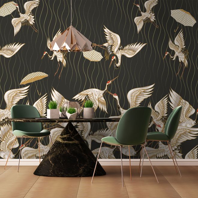 Gold Style Vintage Asian Crane Birds Wallpaper Mural