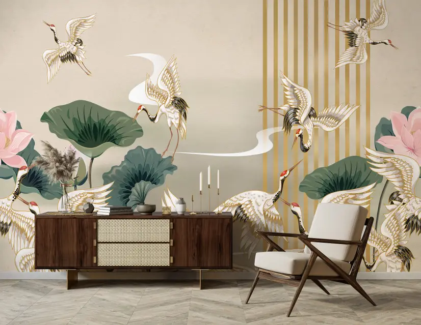 Chinese Crane Birds with Lotus Florals Wallpaper Mural