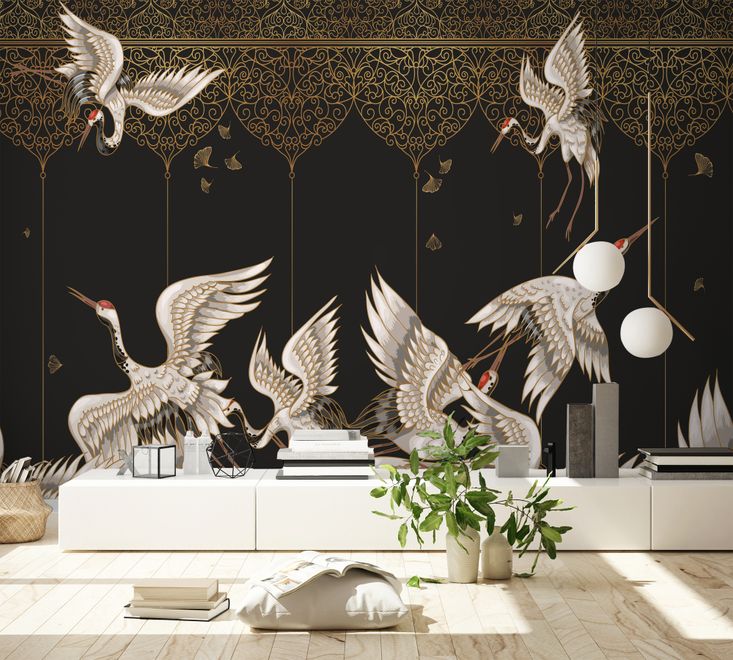 Asian Crane Birds and Gold Style Ornaments Wallpaper Mural