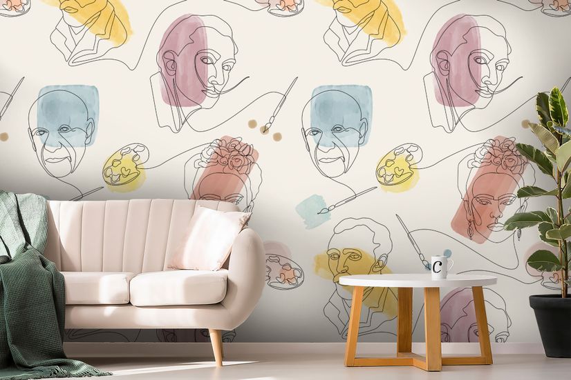 Artist Face Line Art with Colorful Abstract Brush Wallpaper Mural