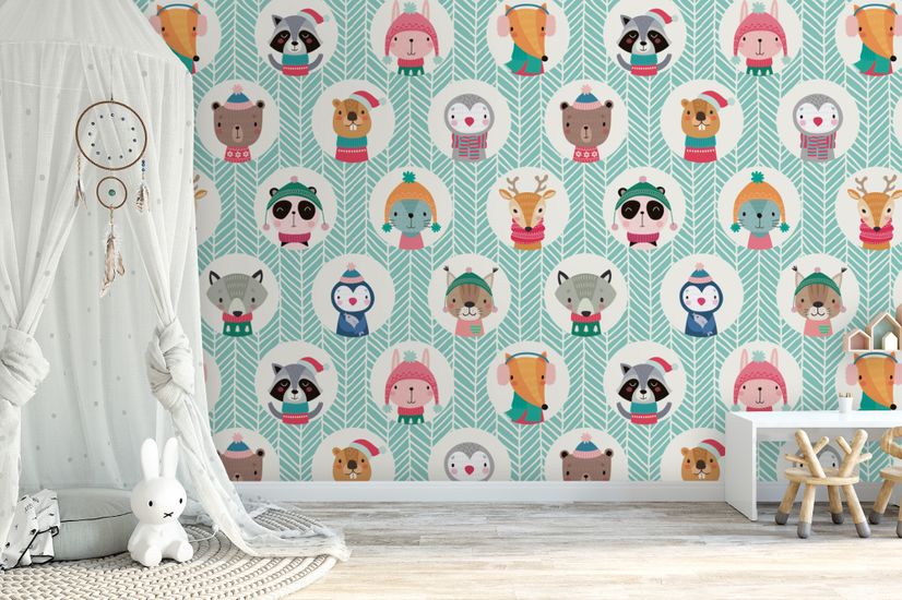 Kids Cute Winter Animals Pattern with Lines Wallpaper Mural