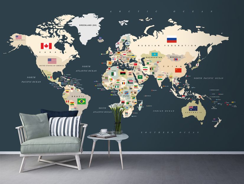 Political World Map with Country Flags Wallpaper Mural