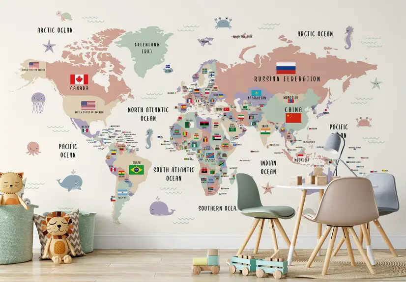 Kids Colorful World Map with Flags Map Wallpaper Mural