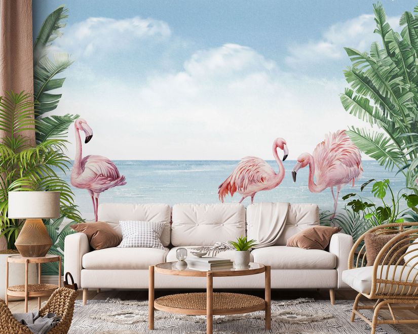 Tropical Landscape with Flamingos Wallpaper Mural
