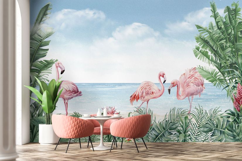 Tropical Landscape with Flamingos Wallpaper Mural