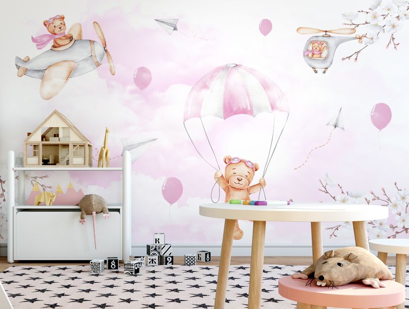 Cute Flying Panda & Animals Kids Nursery Wallpaper Mural • Wallmur®