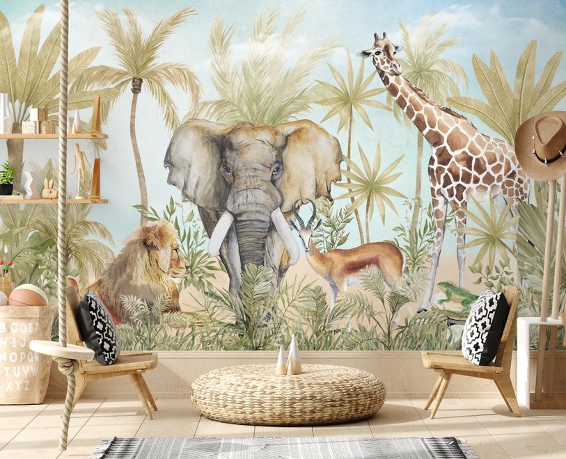 Watercolor Safari Animals in Forest Wallpaper Mural