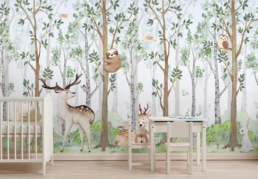 Nursery Cute Animals in the Forest Watercolor Kids Wallpaper Murals