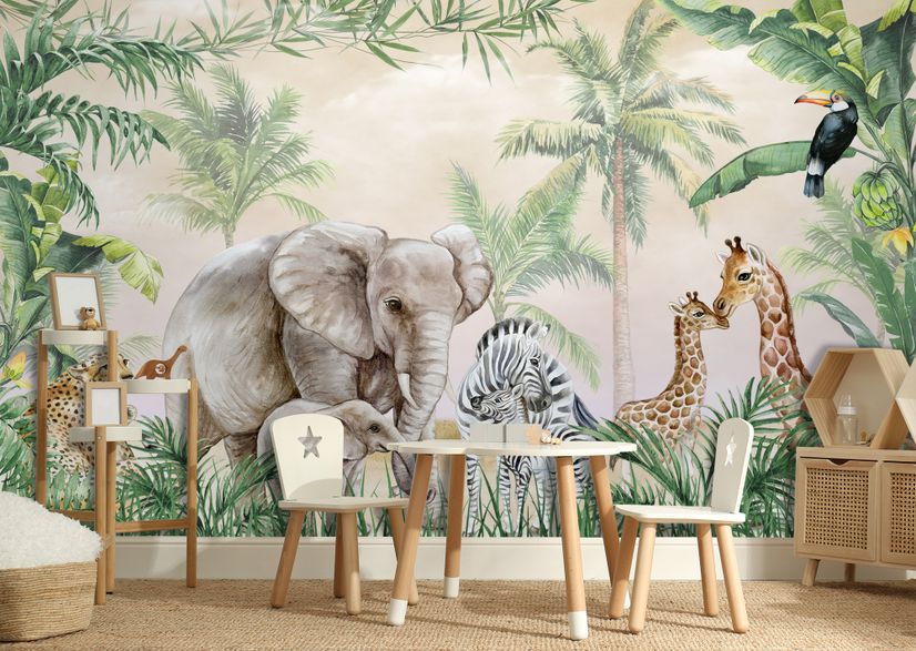 Kids Safari Animals with Cub Wallpaper Mural
