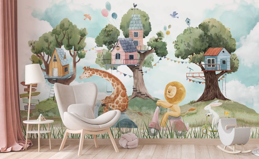 Kids Forest Animals with Treehouse Wallpaper Mural