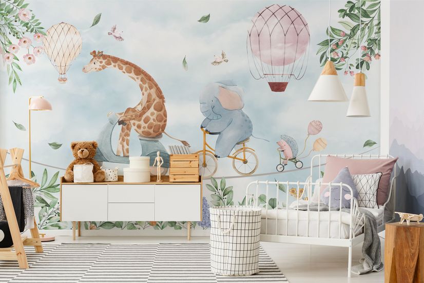 Cute Flying Panda & Animals Kids Nursery Wallpaper Mural • Wallmur®