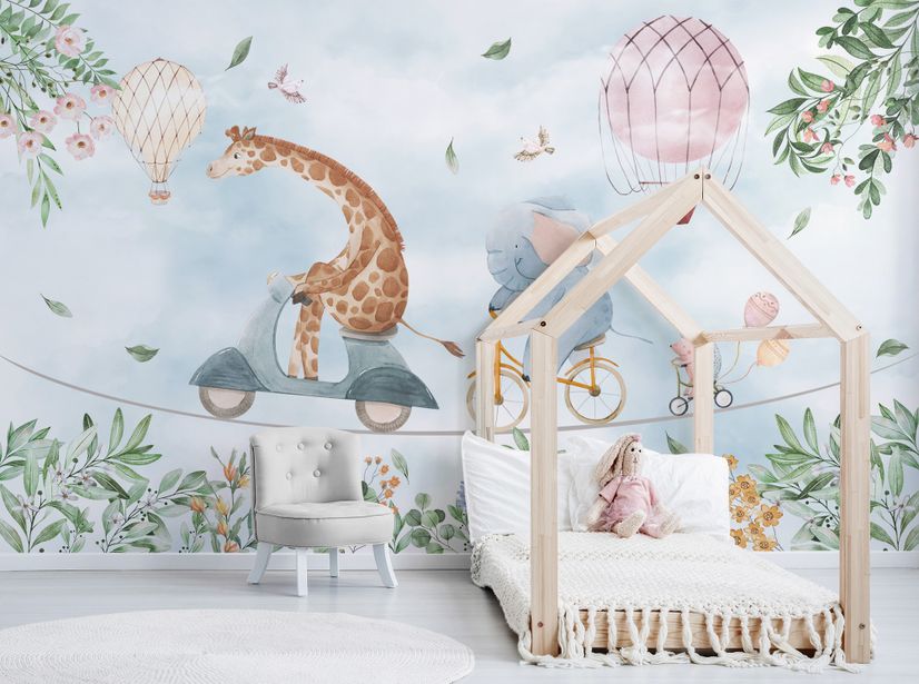 Cute Flying Panda & Animals Kids Nursery Wallpaper Mural • Wallmur®