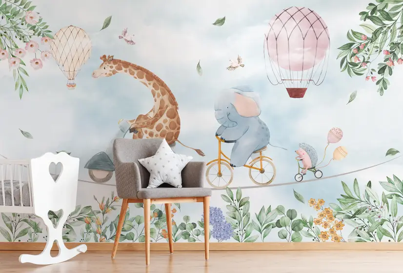 Kids Cycling Riding Cute Animals Wallpaper Mural