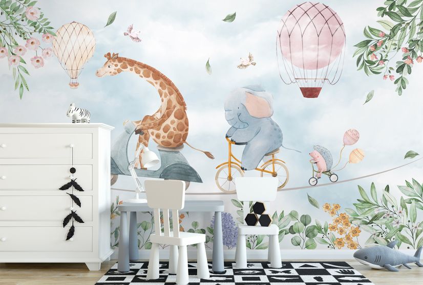 Cute Flying Panda & Animals Kids Nursery Wallpaper Mural • Wallmur®