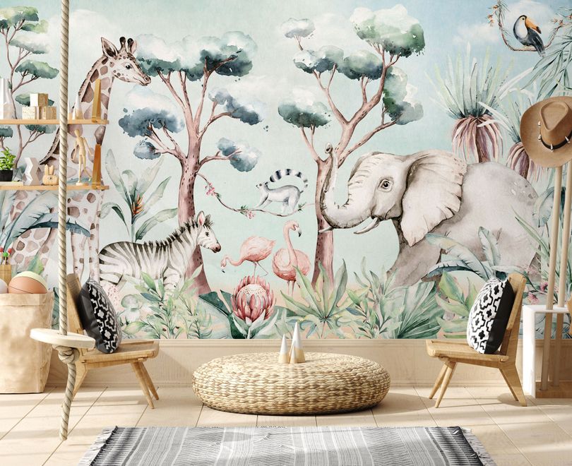 Kids Nursery Safari Animals and Flamingo in the Forest Wallpaper Mural